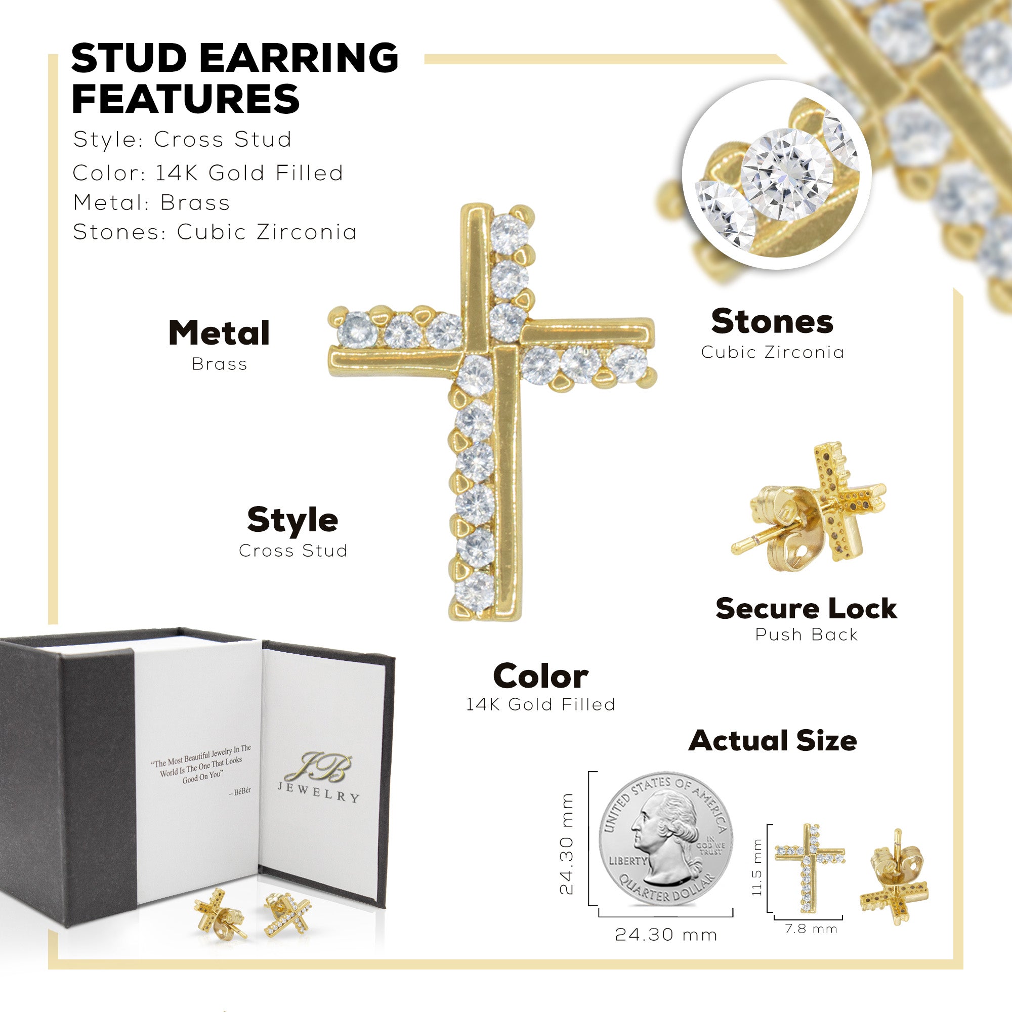 Cross 14K Gold Filled Silver Earrings Cubic Zirconia Hip Hop Studs Jewelry Women Men
