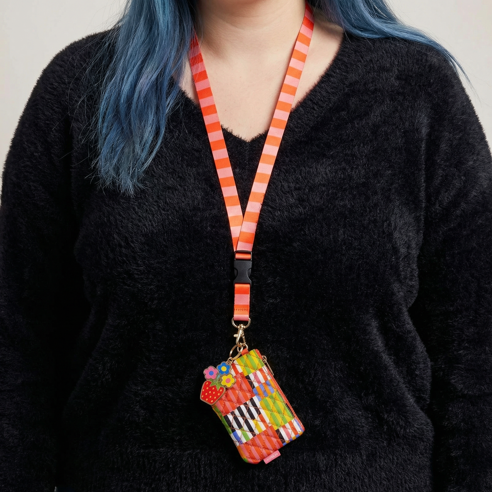 Ban.do Zip ID Lanyard in Black Stripe with Charm | Badge Holder Zippered Pouch with Keychain