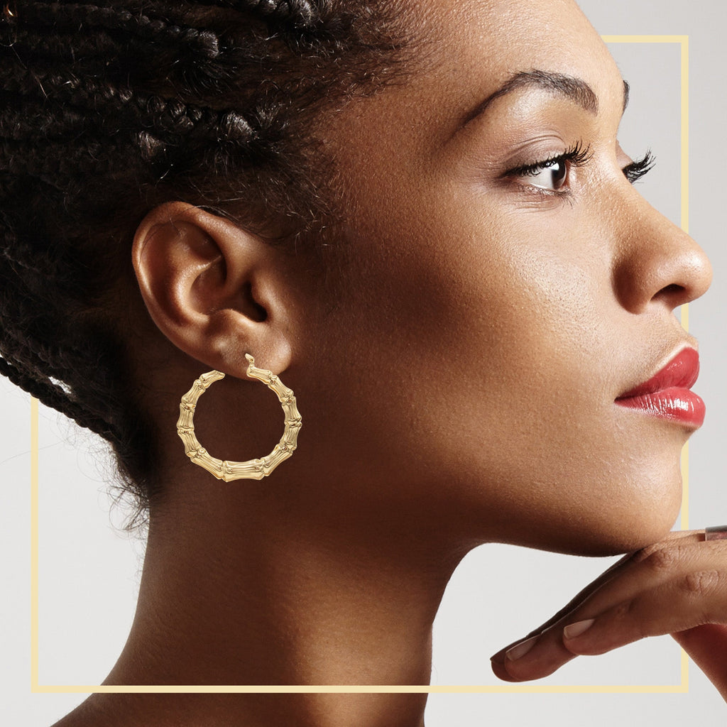 Bamboo Hoop Earrings 14K Gold Plated Women Jewelry 50 mm