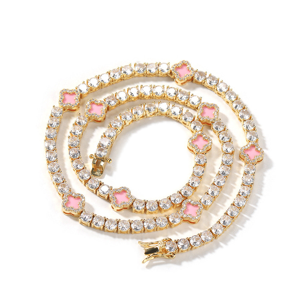 Hip-hop four-leaf clover diamond tennis chain necklace bracelet