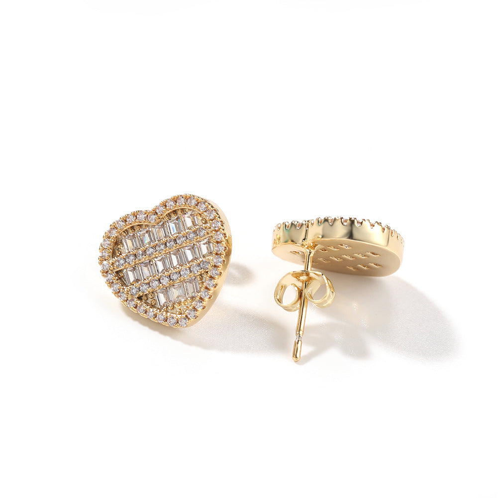 Hip-hop inlaid zircon heart-shaped earrings