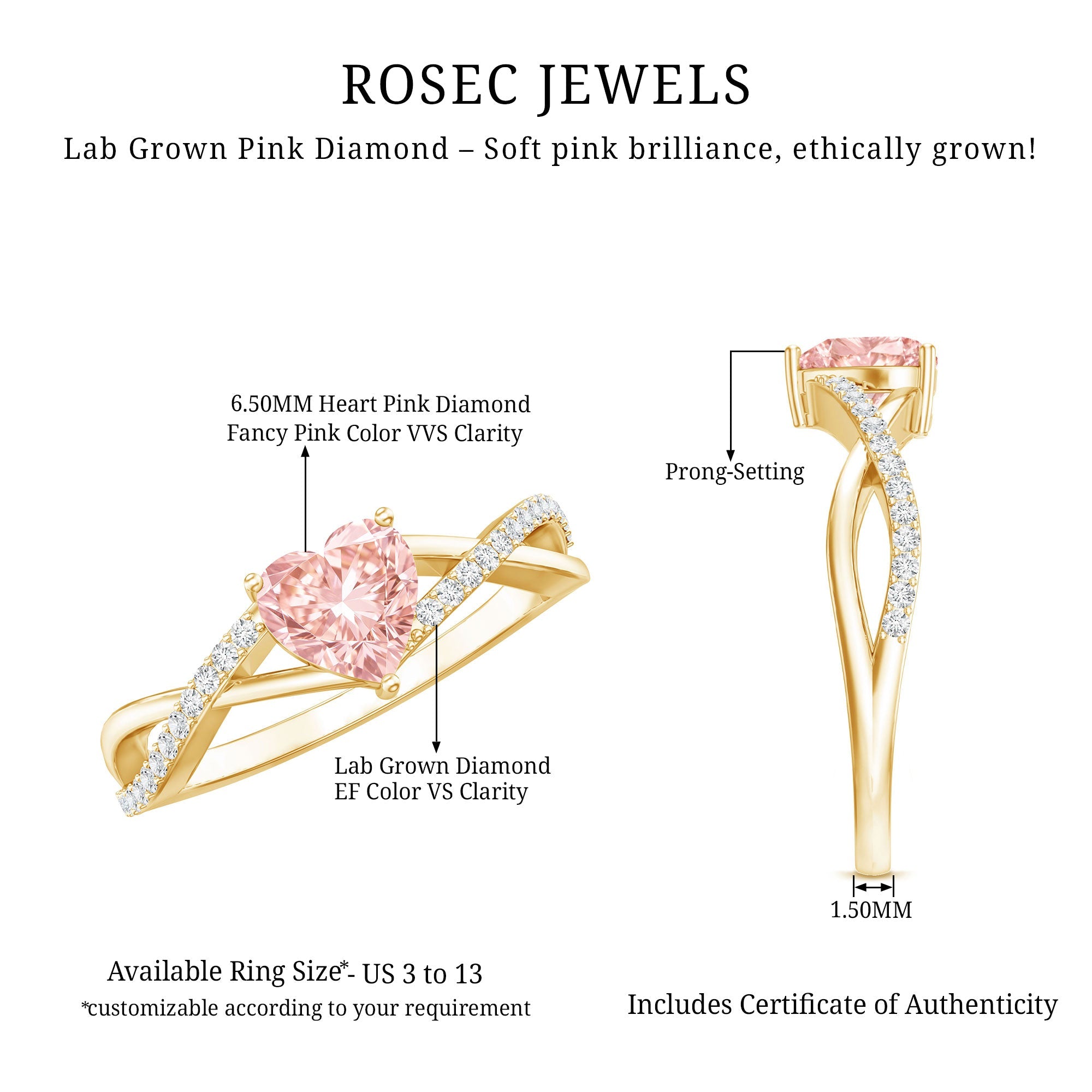 IGI Certified 1 CT Heart Shaped Lab Grown Pink Diamond Infinity Engagement Ring