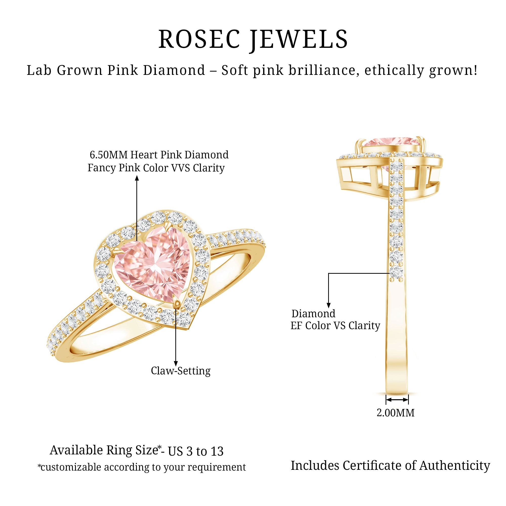 Heart Shape 1 CT Lab Grown Pink White Diamond Halo Engagement Ring IGI Certified