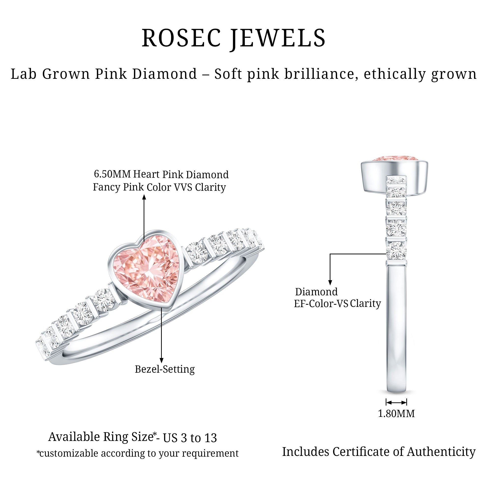 IGI Certified 1 CT Lab Grown Pink Diamond Heart Engagement Ring with Side Stones
