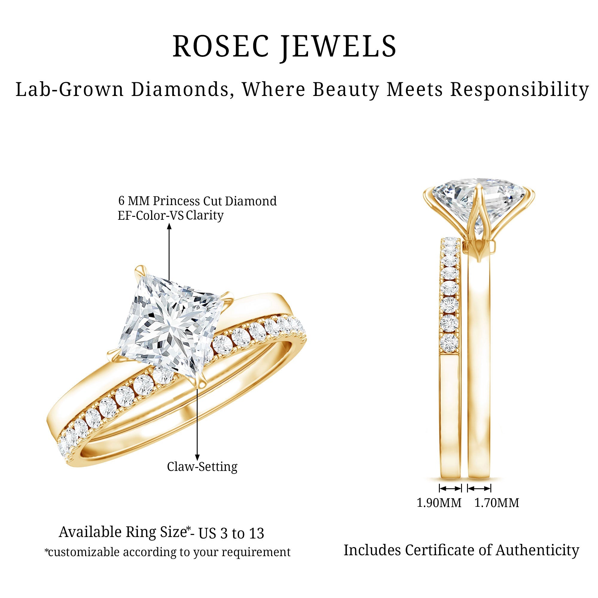 IGI Certified 1 Carat Lab Grown Diamond Princess Cut Bridal Ring Set