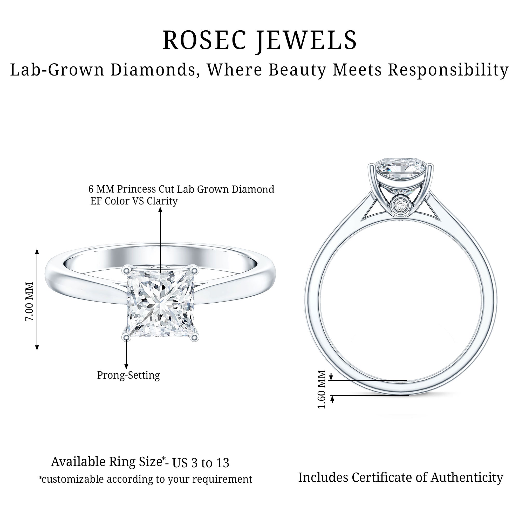 Solitaire 1 Carat Princess Cut Lab Grown Diamond Engagement Ring with IGI Certificate