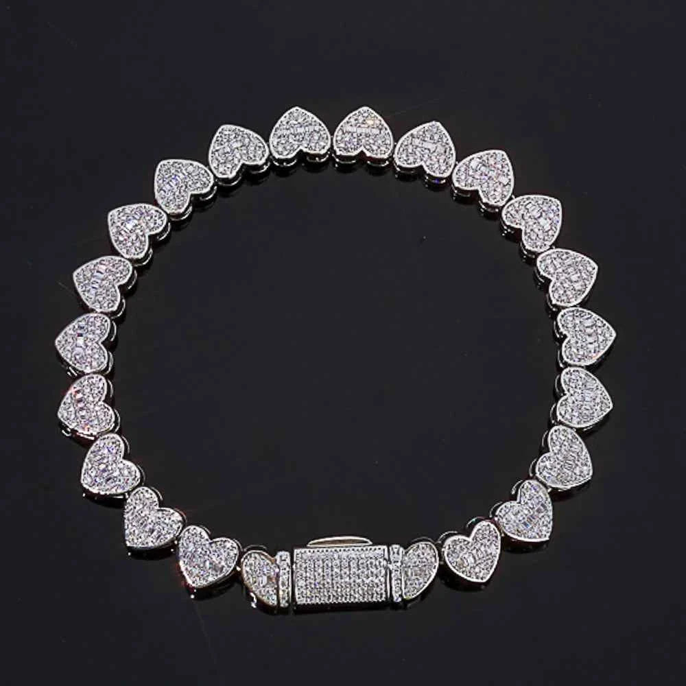 Iced Out Baguette Heart Tennis Chain Bracelet Silver Plated Zircon Mixed Inlay Fine Jewelry
