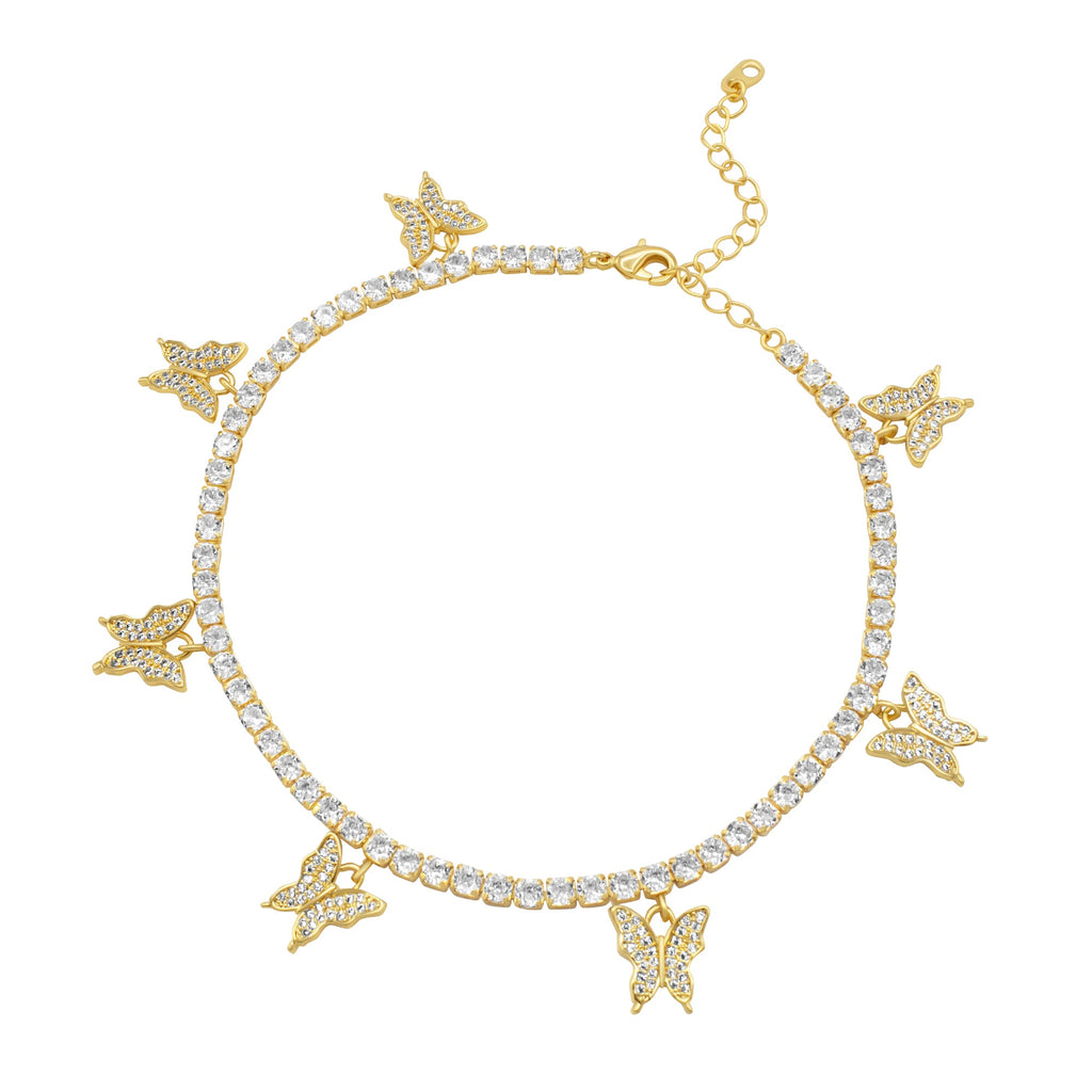 Butterfly Tennis Anklet 14K Gold And Silver Plated 3 mm Foot Bracelet 9" Chain Cubic Zirconia Stones Women Jewelry